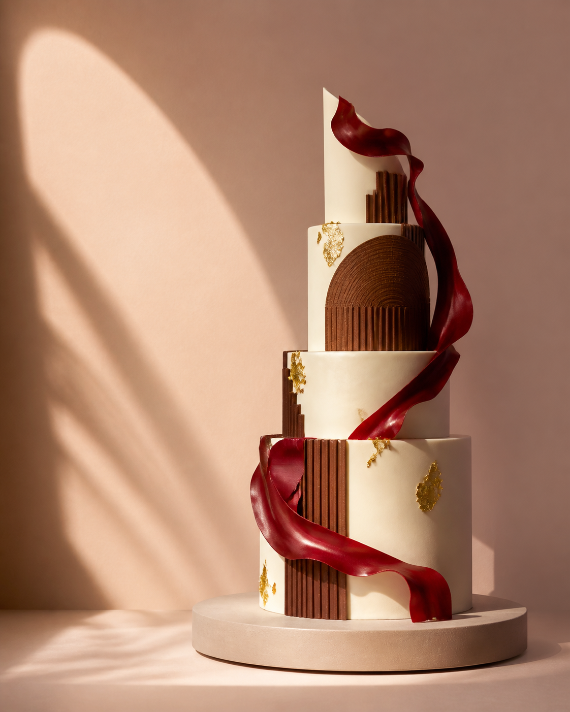 Tort sculptural în tonuri de crem, cacao și vișiniu, fotografiat într-un studio cald.